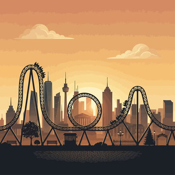 Roller coaster passes through a cityscape at sunset with clouds and buildings.