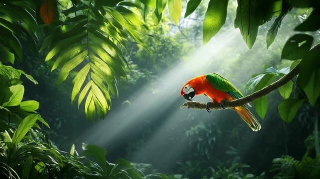 A vibrant parrot perched on a branch in a lush rainforest, with sunbeams piercing through the canopy.