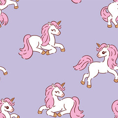 Fototapeta premium Cute white unicorns on purple isolated background. Seamless vector pattern for textile, wallpaper or print design.