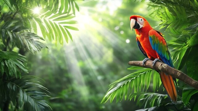 a vibrant macaw parrot perched on a branch in a lush rainforest, bathed in ethereal sunlight