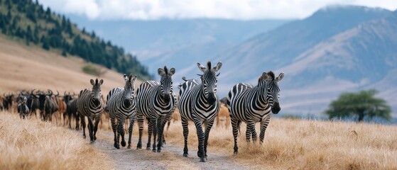 Obraz premium Zebra standing in open grassland with a wildlife herd in the background, African safari, nature conservation, iconic animal portrait.