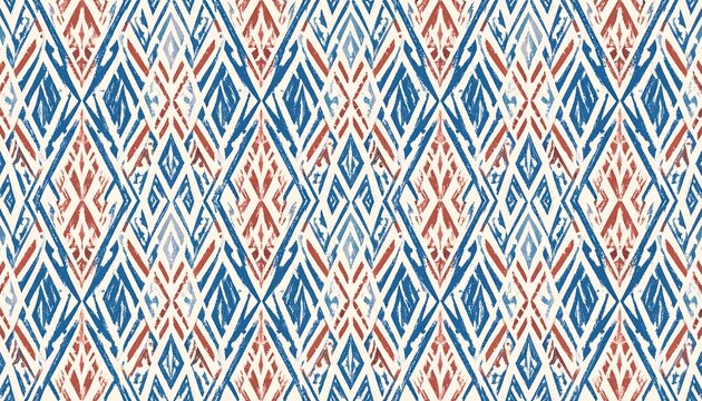 Repeated diamond shapes in navy, coral, and white create a geometric design