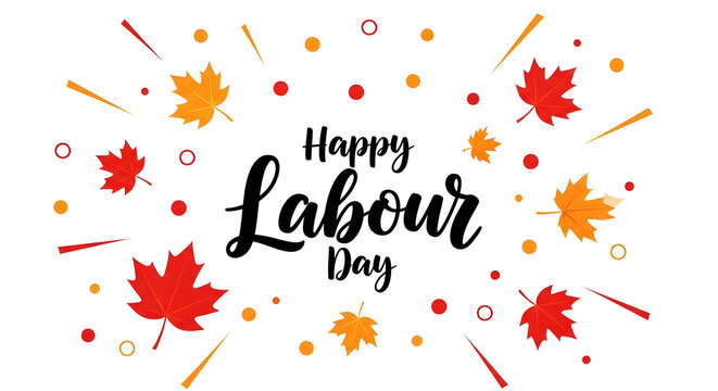 Happy Labour Day text with falling maple leaves and confetti calligraphy