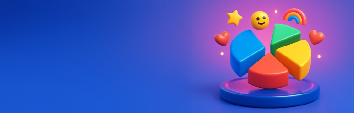 Colorful 3D pie chart with floating emoji and hearts in abstract scene on blue background with copy space for creative business poster or banner. Ai generative
