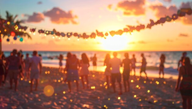 Blurred people having night Party beach in summer vacation.