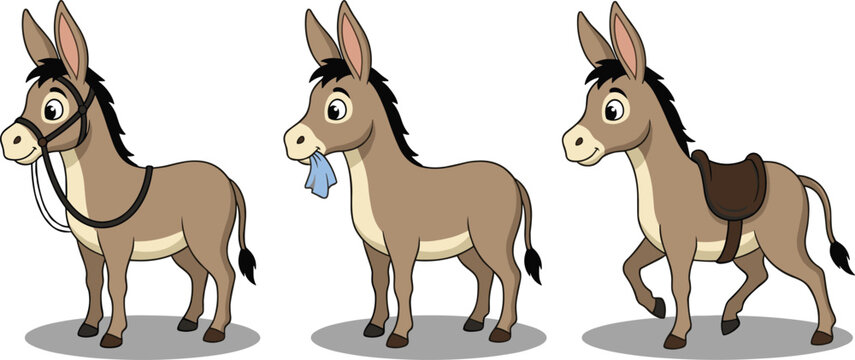 Cute cartoon donkey character vector illustration set featuring funny farm animal mascots with a bridle bridle saddle and cloth patch