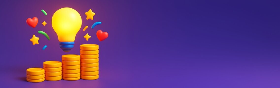 Creative business concept with glowing light bulb and stacked coins symbolizing growth and innovation on clean purple background template. Ai generative