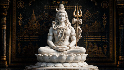 Obraz premium Lord Shiva White Marble Sculpture on Black Background with Mount Kailash