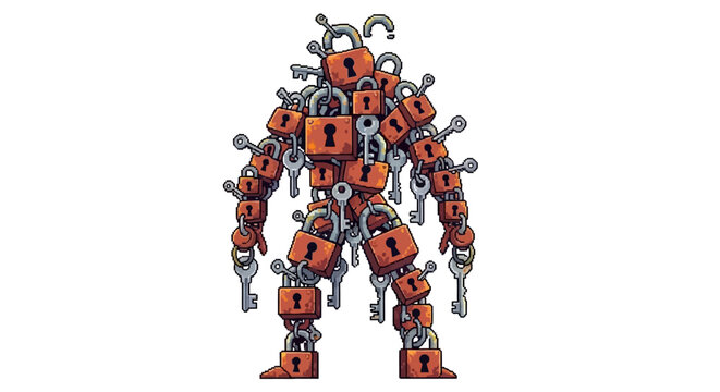 A humanoid robot constructed entirely from locks and keys.
