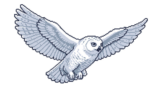 A majestic snowy owl in flight with wings spread wide.