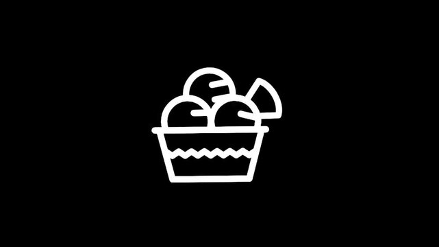 Simple line art icon of ice cream scoops in a cup with a garnish