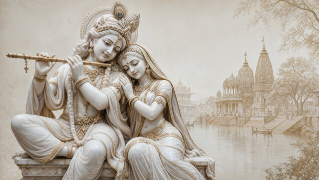 Radha Krishna Marble Sculpture with Peacock Feather Temple Art