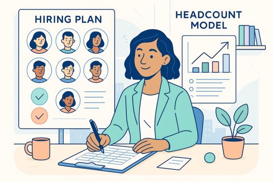 Woman working on hiring plan with headcount model charts in modern office setting, light background, business planning concept illustration. Ai generative
