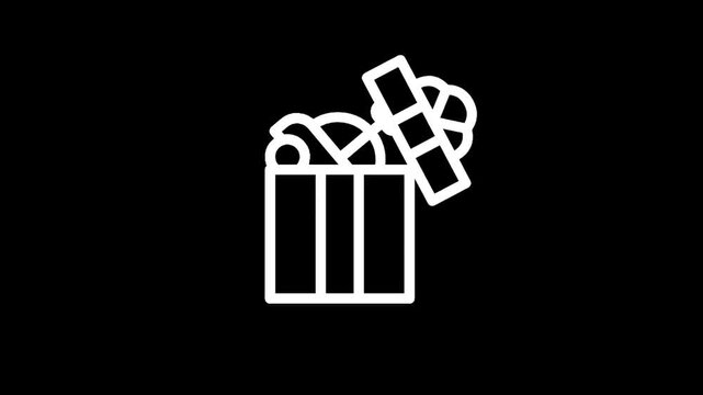 Open gift box with ribbon and bow, simple white line art on black background