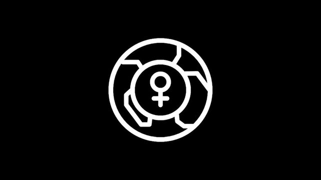 White female gender symbol inside a circular abstract geometric pattern on black background