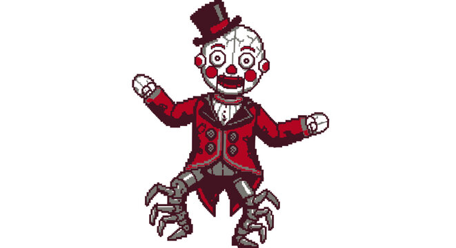 Creepy Clown Character with Top Hat and Mechanical Legs.