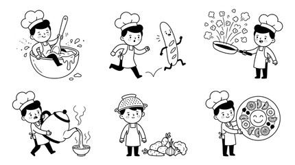 Fototapeta premium Cute Little Boy Chef Coloring Page Set - Fun Kitchen Adventure Cartoon Illustrations for Kids