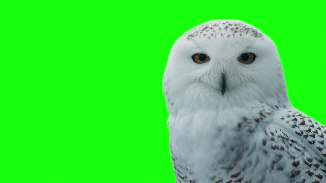 Snowy owl looking around against a green screen background