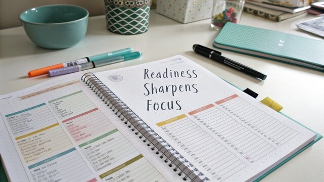 Inspirational planner open on desk with motivational quote about readiness and focus surrounded by stationery and decor