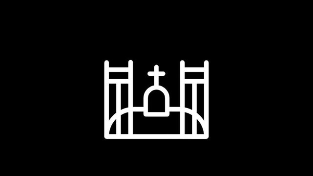 Minimalist white line art icon of a cathedral with a cross against a black background