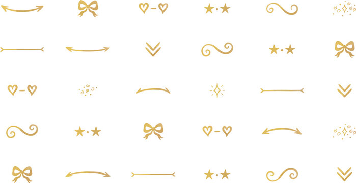 Collection of Gold Hand Drawn Decorative Icons and Symbols