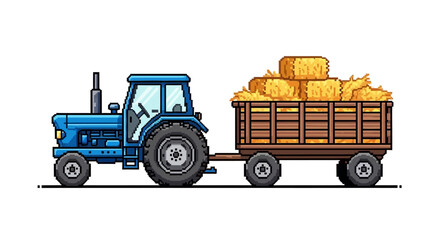Blue tractor pulling a trailer full of hay bales. © damar