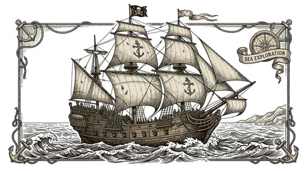 Vintage sailing ship on ocean waves © Apar