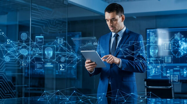 Man in suit using tablet with futuristic holographic data visualization, representing artificial intelligence and deep learning concepts.