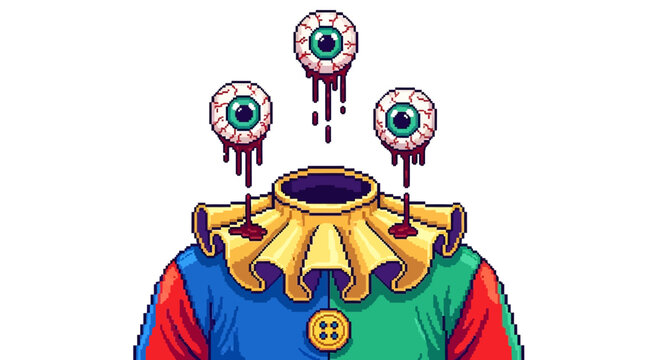 Creepy headless clown with three bloody eyeballs floating.