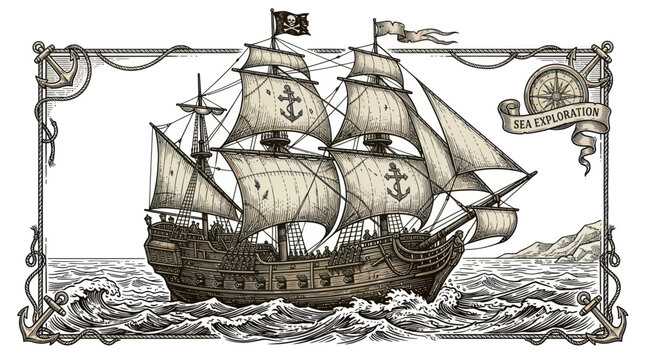 Vintage sailing ship on ocean waves