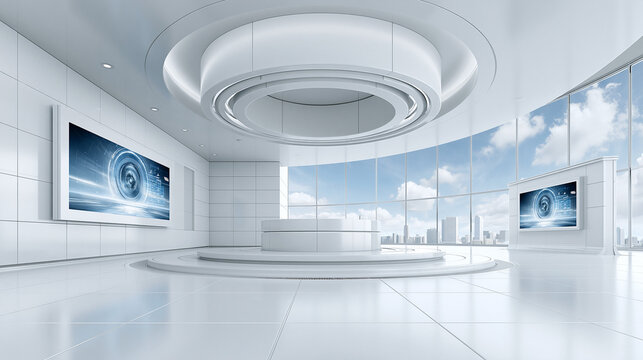 Digital signage, interactive marketing displays, 3D illustration, modern retail concept, copy space