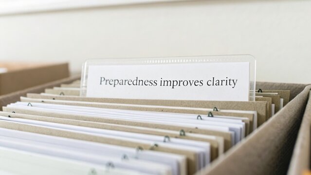Organizing office files with a clear message about preparedness and clarity in a modern workspace setting for productivity and efficiency.
