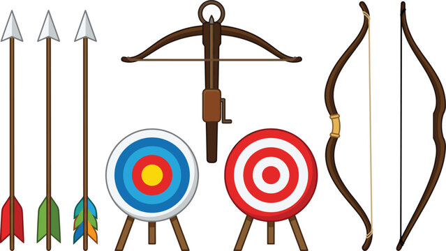 Archery equipment vector illustration set featuring wooden bows a crossbow sharp arrows with colorful fletching and circular target boards on stands