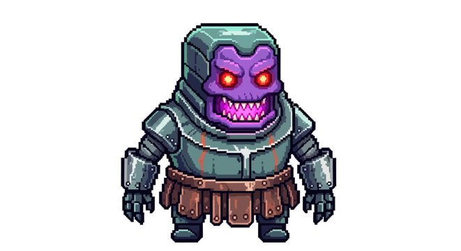Cartoon Monster Character in Armor with Glowing Eyes.
