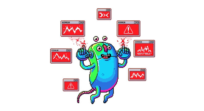 Cartoon Monster Frustrated by Computer Errors and Data Graphs.