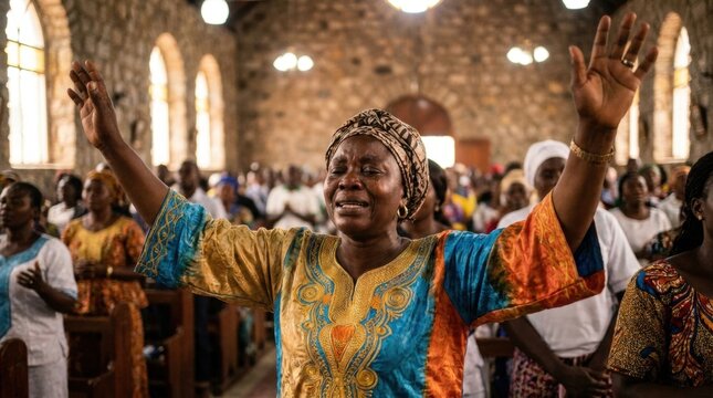 Faith Uplifted: A woman with outstretched arms and eyes closed in fervent prayer leads her congregation in a moment of spiritual reflection within a stone-walled church.