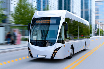 Fototapeta premium Electric city bus travels along a clean street in an urban area, surrounded by modern glass buildings and trees, emphasizing eco-friendly transportation