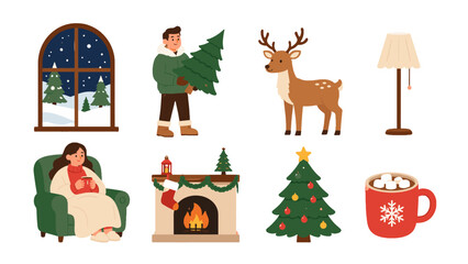 Obraz premium Cozy winter holiday icons with fireplace tree deer and window