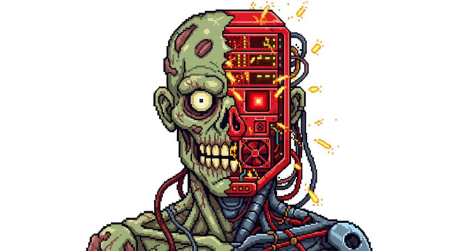 Cybernetic Zombie Head Fused With Technology And Circuits.