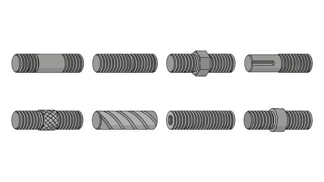 Set of threaded metal studs and rods in technical vector style