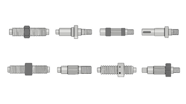Set of threaded metal shaft and bolt technical vector drawings