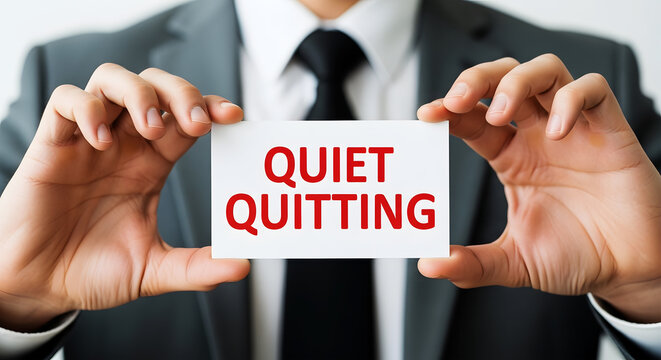 Man in suit holds card with red text quiet quitting image