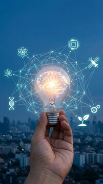 Hand holding light bulb with glowing brain, surrounded by science and technology icons, representing innovation and knowledge development against city skyline.