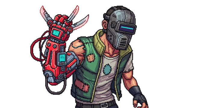 Cyberpunk character with robotic arm and welding mask.