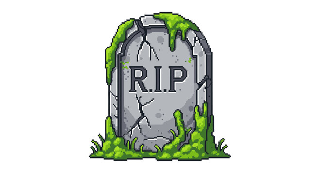 Cracked Tombstone with R.I.P. and Green Moss.
