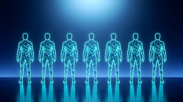 Seven glowing digital human figures with data pixel patterns standing in a row