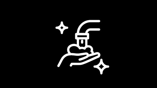 Cleanliness icon showing hands being washed under a faucet with soap and sparkling effects