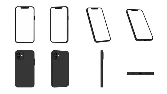 Black smartphone mockup set with multiple angles isolated