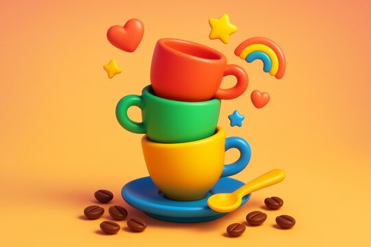 Colorful stacked coffee cups with floating heart, star, and rainbow shapes on light orange background showing fun and joyful morning concept. Ai generative