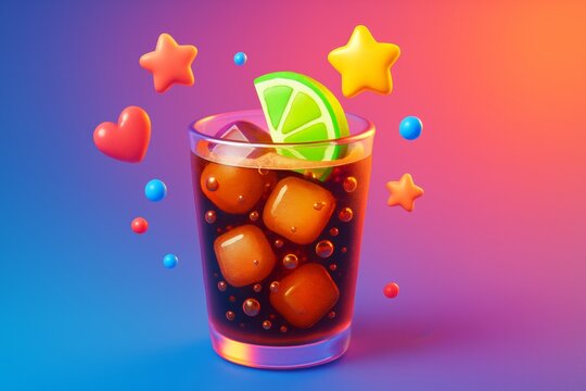 Refreshing soda drink with ice cubes and lime slice surrounded by colorful floating shapes on vibrant gradient background. Ai generative. Ai generative